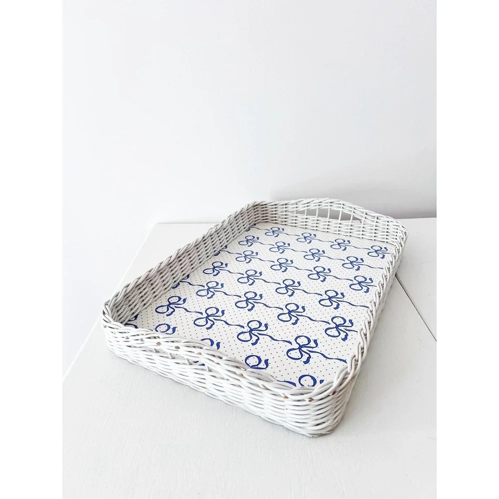 Large Blue & White Bow Print Tray with Wicker Rim Serving Tray, Tea Tray